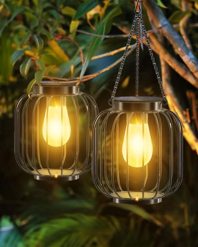 Solarlampen für Außen Hängend, 2 Stück IP65 Wasserdicht Metall Solarlaterne, Garten Deko Warmweiß Solar Laternen mit Größer LED Glühbirne für Draußen, Balkon, Hof, Terrassen [Energieklasse A+++]