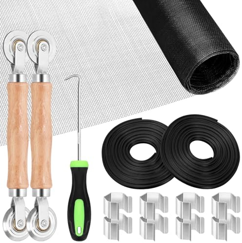 Glarks 4pcs 48 W x 118 L Kit de réparation d'écran de fenêtre noire de, inclus 1pcs Fibre de verre Mesh 1pcs 10.94yard Spline 2pcs Spline Removal Tool for Patio Screen Door Repair