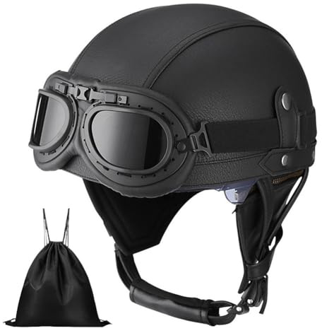 Uueybsg Casque de Moto Vintage Cuir Retro Casque Jet Casques Bols Demi Casque de Mobylette Cuir avec Lunettes Homologué ECE Casque Scooter pour Adultes Homme et Femme avec Sac de Rangement