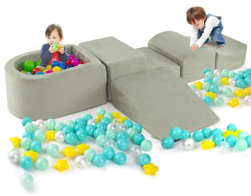 COSTWAY 5 TLG. Schaumstoffbausteine, Riesenbausteine mit Bällebad, Großbausteine zum Toben und Klettern, Kletterblöcke Softbausteine (Grün)