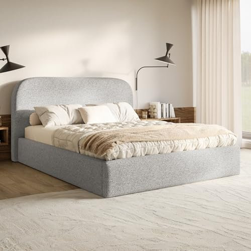 MOTIVENA Mono Bett 180x200 Grau Strukturstoff, mit Stauraum, mit Kopfteil, mit Lattenrost, ohne Füße, ohne Matratze, Polsterbett 180x200 mit Bettkasten Grau (Hellgrau)