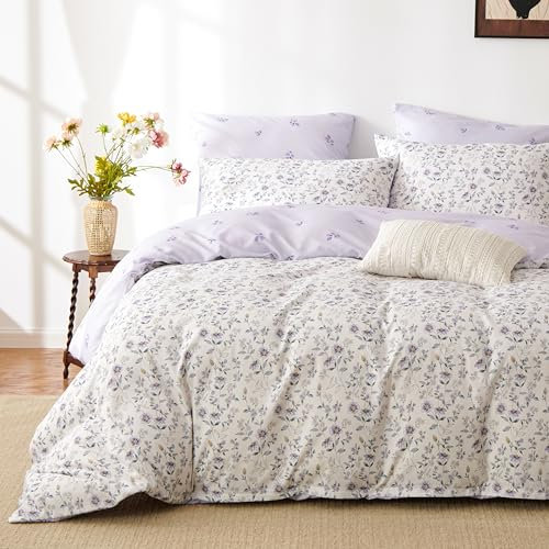 Freyamy Blumen Weiß Bettwäsche 200x200 3tlg,Modern Botanisches Aesthetic Bettwäsche-Set Mikrofaser Wende Bettwäsche Lila, 1 Bettbezug mit Reißverschluss und 2 Kissenbezüge 80x80cm