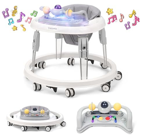 Lauflernhilfe mit Musik und Lichtern, Faltbare Lauflernwagen mit Aktivitätscenter, 7-Gang Höhenverstellung, Anti-Collision Design, Abnehmbarer Platte, Baby Walker von 6-18 Monaten (Grau)