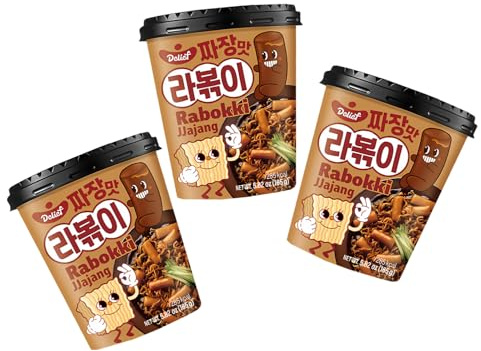 DELIEF Rabokki Cup Jjajang Geschmack – 3er Pack – Koreanische Instant Cup – Ramen Nudeln & Reiskuchen in schwarzer Bohnenpaste – OG ASIA – 3x 165g