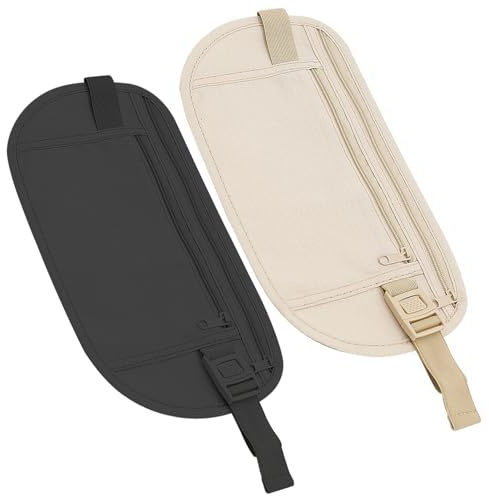 2 Piezas Cinturón de Dinero, Regulable Ultrafino Riñonera Interiores Viaje Cinturón de Viaje Dinero de Seguridad Riñonera Deportiva con Protección RFID para Pasaportes Tarjetas Efectivo Negro Beige