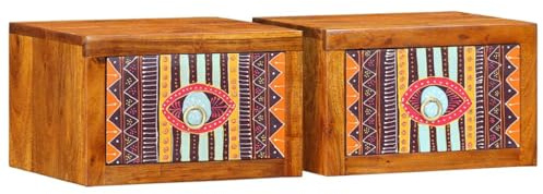 HETFTJN Nachttisch Set Bohemian 2er aus massiver Mango Akazie 35x30x22 cm mit 2 Schubladen & ethnischem Intarsien-Muster Kleiner Beistelltisch für Schlafzimmer Wohnzimmer