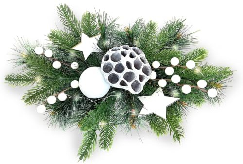 Gartenpirat Adventsgesteck 26x42cm mit 20 LED warmweiß und weißen Dekorationen Weihnachtsdeko für Tisch Fenster Festliche Weihnachtsdekoration für Advent & Winter