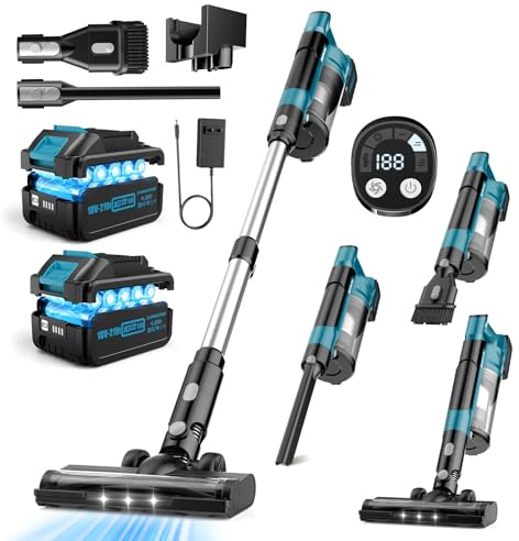 6-in-1 Akku Staubsauger mit 2X4000mAh Akku, 700W/60KPa/70Min Staubsauger Kabellos für Zuhause, 2.0L Großer Staubbecher, Anti-Tangle-Bürste, 8-Stufiges Filtersystem für Hartböden Teppiche Tierhaare