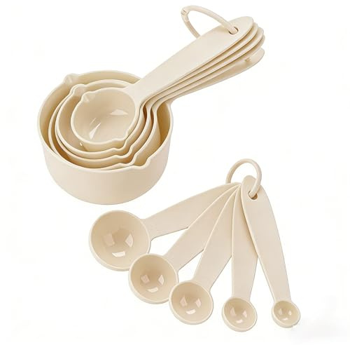 Measuring Cups,10 Piece Plastic Measuring Cups and Spoons Set,Plastic Measure Cup Set, Baking Measure Cup, Baking Gadgets, for Kitchen Bakings and Cooking(Beige)