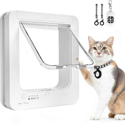 Porte Intelligente pour Chat — Chatière Électronique avec Puce, Ouverture 19x20.5cm, 2 Colliers Détecteurs et Télécommande et Chiot — chatiere pour Puce electronique Blanc