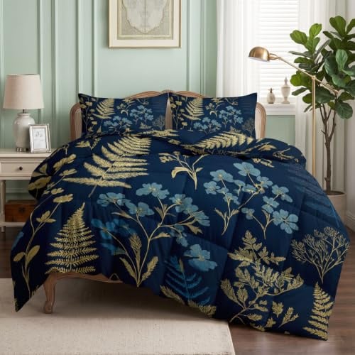 Bettdecke 200x200cm 4 Jahreszeiten Pflanzen Wilde Blumen Farne Blätter Wende Steppdecke, Warme & Weiche Ganzjahresdecke Dunkelblau Bettdecke ohne Bezug - Waschbar Schlafdecke mit 2 Kissenbezug 80x80cm