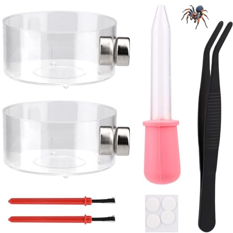 6 Stücke Springspinne Fütterungsschale Set, Enthält 2 Magnetische Wasserschale Schale 2 Pinsel 1 Reptilien Fütterungszange & 1 Tropfer Springspinne Terrarium Zubehör Kit
