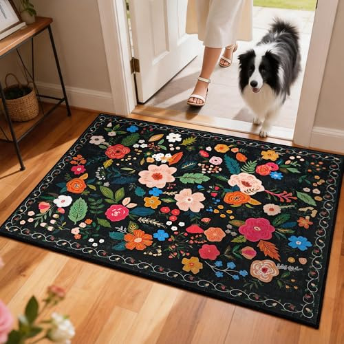 YOSEPATI Thin Indoor Doormat, 75x45cm Washable Inside Door Rug for Entryway | Low-Profile Dirt Trapper, Colorful Boho Floral Waterproof Entrance Rugs, Non-Slip Rubber Backing Welcome Mat for Inside House