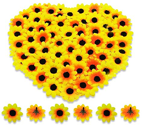 BornFeel Künstliche Gerbera Blumen Köpfe 100tlg. Daisy Sonnenblumen Blumenköpfe für DIY Hochzeit Party Handwerk Tischstreudeko (Gelb & Schwarz)