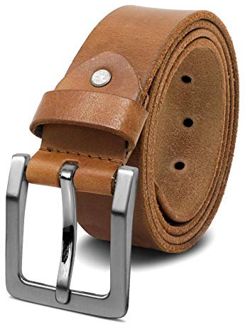 ROYALZ 'Oakland' Antik Vintage Ledergürtel Herren Büffel-Leder aus robusten 4mm Voll-Leder Dornenschließe, Größe:Bundweite 95 cm = Gesamtlänge 110 cm, Farbe:Braun - Schnalle gebürstet