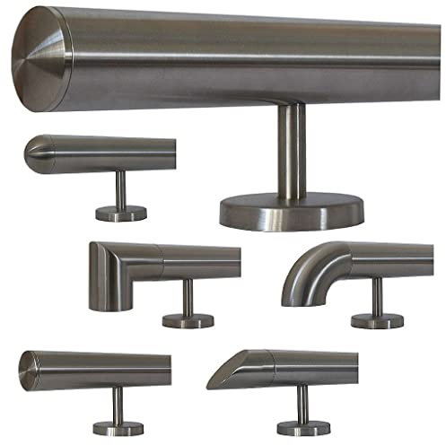 TIBU Edelstahl Handlauf Geländer Länge 0,3m - 6m aus einem Stück und unterschiedlichen Endstücken mit gerade Halter, Länge 100 cm mit 2 Halter und Enden mit leicht gewölbte Kappe