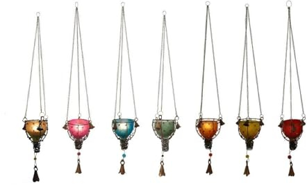 NETPROSHOP Windlicht Teelichthalter mit Glöckchen zum Hängen aus farbigem Glas und Metall, Farbe:Rot