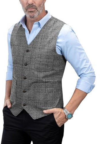 Solove-Suit Herren Casual Freizeit AnzugWeste Plaid Tweed Slim Fit Weste for Hochzeits-Trauzeugen(Grey,S)