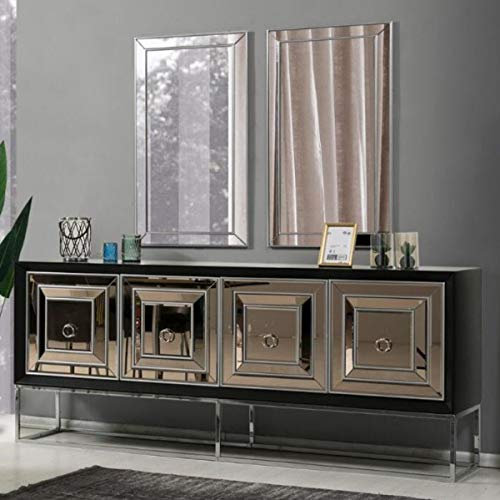 Casa Padrino Luxus Sideboard mit 4 verspiegelten Türen Schwarz/Silber 208 x 49 x H. 88 cm - Luxus Wohnzimmer Möbel