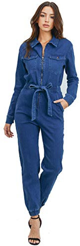 Khanomak Women's Casual Long Sleeve Denim Jumpsuit Zipper Closure with Tie Front Belt Dark Blue Small