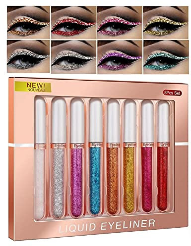 Lucoss Lapiz Delineador de Ojos de Colores, Eyeliner Purpurina Liquido Waterproof Glitter, Mate Verde, Rosa, Marrón, Azul, Blanco, Rojo, Negro,Púrpura,Amarillo