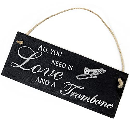 Schiefertafel Deko Posaune Schild 22 x 8 cm - All you need is Love and a Trombone - Wanddeko Dekoration Türschild