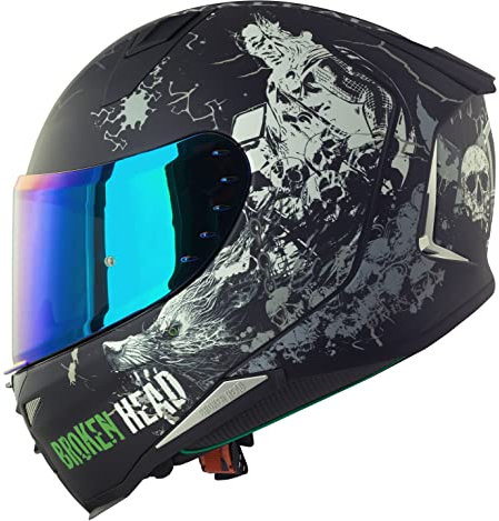 Broken Head Fullgas Viking V2 Pro Integralhelm - Motorradhelm Mit 2 Visieren (Klar + Blau-Verspiegeltem Zusatz-Visier) - Schwarz-Grau Matt - Größe XS (53-54 cm)