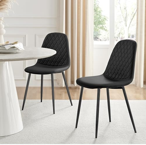 Furniturebox UK Corona Diamond Faux Leather Dining Chairs Set of 2 Black | Diamond Stitching, Tapered Metal Legs, Powder Coated Finish