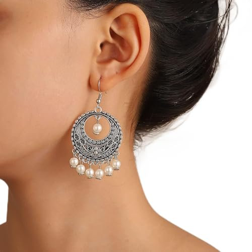 TseenYi Gypsy Earrings Vintage Pearl Dangle Drop Earrings Boho Gypsy Ethnic Earrings Pearl Tassel Hook Earrings Jewelry for Women and Girls Gifts(Silver)
