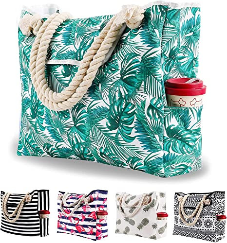 Strandtasche Xxl Familie Badetasche Damen Extra Groß Beach Bag Shopper Schultertasche Einkaufstasche Wasserdicht Tasche Faltbar Mit Magnetschnalle für Strand Reisen Schwimmbad Geschenke Grüne Blätter