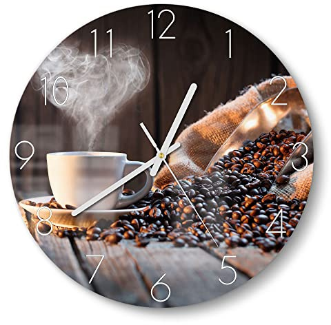 DEQORI Glasuhr | rund Ø 30 cm | Motiv Rustikale Kaffeeliebe | ausgefallene leise Design Uhr aus Glas | Wanduhr für Wohnzimmer & Küche | moderne Hingucker Uhr für die Wand