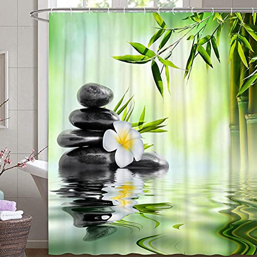 M&W DasDesign Duschvorhang Bambus auf Wasser leichten Nebel reflektiert Textil Vorhang grün exotisch Stein Relax Schimmelresistent Bambusblatt Spa Ruhe inkl. 8 C-Ringe Gewicht unten