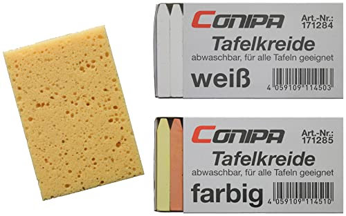 Conipa - Kreide weiß & bunt Set mit Tafelschwamm - Tafelkreide abwaschbar für Tafeln in der Schule, Universität oder für Gastronomie - Hochwertige Wandtafelkreide dünn für präzises Schreiben