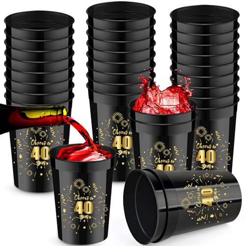 30 Pieces 40th Birthday Cups Cheer to 40 Years Plastic Cups 8 oz Plastic Birthday Stadium Cups Black and Gold Plastic Cups for Birthday Party Favors Anniversary Wedding Party Supplies (40th, 8oz)