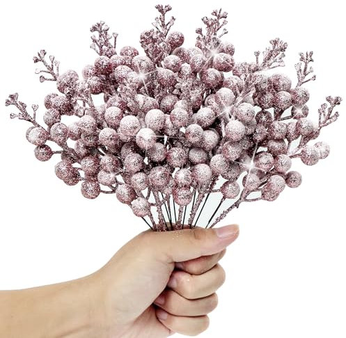 KKSTY Pack of 16 Artificial Frosted Berry Picks, 22cm Christmas Glitter Berries Stems Snowy Holly Berry Branches for Xmas Tree Decoration DIY Crafts Wreath Making Supplies Home Decor (Rose Pink)