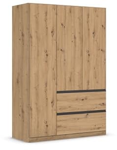 Rauch Möbel Costa, Kleiderschrank, Farbe Eiche Artisan, Breite 136 cm | Schrank, 3-türig, 2 Schubladen, Push-to-open, Zubehör Basic, für Schlafzimmer, Kinderzimmer, Babyzimmer, Garderobe