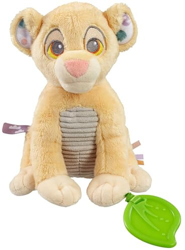 Disney König der Löwen weiches Plüschtier – Simba sensorisches Aktivitätsspielzeug mit Beißring, Raschelohren und texturiertem Bäuchlein, Yellow (Gelb)