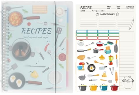 YYKSYDPT Il mio taccuino di ricette: libro di ricette da riempire, può scrivere 160 ricette personalizzate, 80 foglie, quaderno da cucina con 5 pagine indice, 1 adesivo (Utensili da cucina(blu))