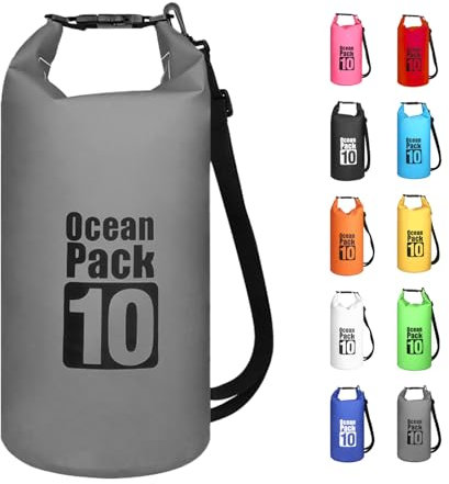 MORAINJAY 10L Wasserdichter Beutel, Grau Dry Bag 2L/5L/10L/15L/20L/25L/30L mit Verstellbarem Gurt, Schützt Telefon/Karte, Roll Top Wasserdichter Beutel Rucksack für Schwimmen/Rafting/Bootfahren