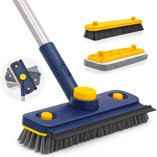 JEHONN Shower Cleaning Brush, 136 cm Long Handle Scrubbing Brush, 3-in-1 Bathroom Tub Tile Scrubber Mop with Squeegee for Bathtub Sink Tile Floor Wall Glass Deck (Blue)