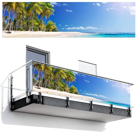 MuchoWow© Balkon Sichtschutz Einseitig 75x300 cm Groß Terrassen Gartenzaun Balkonfächer ohne Bohren Wetterfest für Zaun Terrasse Balkonbespannung Seitenschutz Strand - Meer - Palme - Sommer