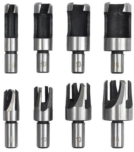 Oiieco Lot de 8 Fraises à Chevilles en Acier au Carbone, 6/10/13/16mm Coupe-Plugs Bois, Fraises Cylindriques et Coniques pour Menuiserie