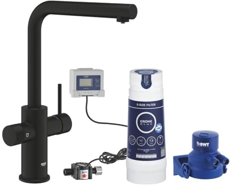 GROHE Blue Pure Minta Einhand-Spültischbatterie, Einzelarmatur, L-Auslauf, herausziehbarer Mousseurauslauf, phantom black (30590KF0)