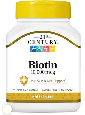 21st Century Biotin 10,000 mcg Tablets (360 Count), High Potency Biotin Supplement, Supports Hair, Skin & Nail Health, Gluten & Sugar-Free, Daily Vitamin B7 Supplement, Non-GMO