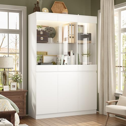 DEZAGCE Glasvitrine, Glasvitrine mit LED Beleuchtung,Vitrinenschrank mit 6 Türen,Sammlervitrine mit 8 Fächern,Glasständer, gehärtetes Glas, 120 x 40 x 180 cm,Weiß