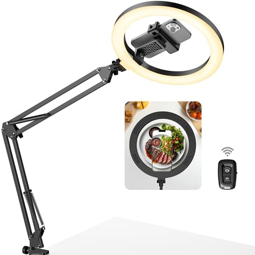 InnoGear Overhead Phone Mount with Ring Light, 10 LED Selfie Ring Light for Desk with Phone Holder and Remote Canvas Lamp Light for YouTube Live Stream Cooking Video Recording Vlog Zoom, Medium