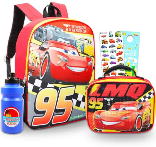 Disney Cars Backpack and Lunch Box for Boys Set - Bundle with 16'' Lightning McQueen Backpack, Cars Lunch Bag, Water Bottle, Stickers, More | Disney Cars Backpack for Kids, Multicolor, Cars Backpack