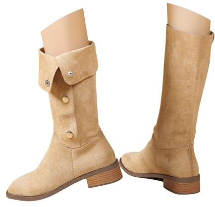 Stivali da equitazione da donna in pelle scamosciata, con tacco basso e punta rotonda, invernali, con tacco grosso, Beige 1., 40 EU