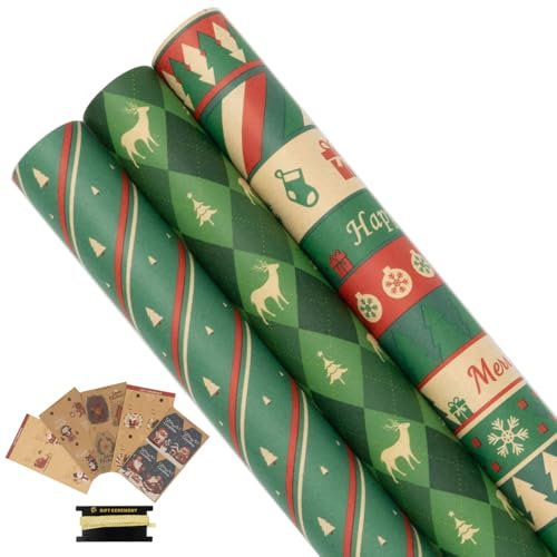 3 Rollen Geschenkpapier aus Kraftpapier, 43 cm x 6 m Weihnachtsgeschenkpapierrolle mit Anhängern und Band, geeignet für Weihnachts-, Geburtstags-, Party- und Festgeschenkdekorationen