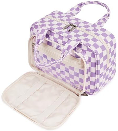 Kulturtasche Damen Gross & Kosmetiktasche Groß, Waschtasche Damen Make up Tasche für Herren & Volle Größe Kulturbeutel für Kinder (Lila Schachbrett)